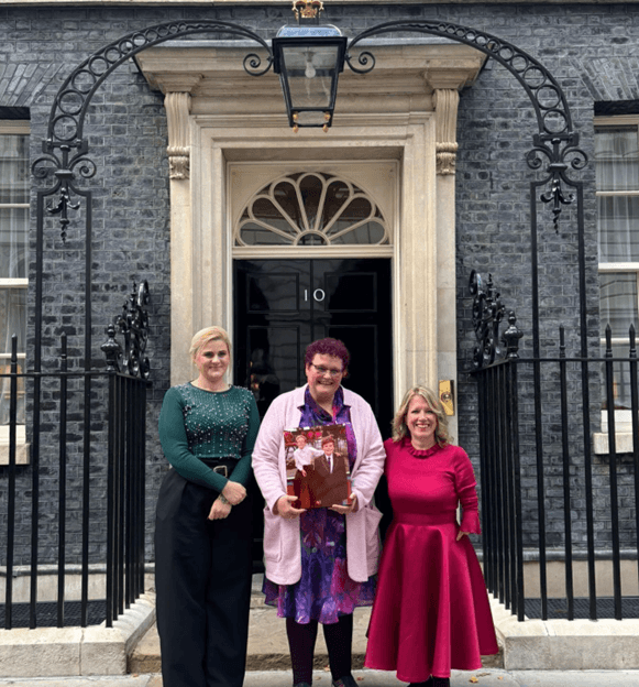 Left to right: Alex Davies Jones MP, Victims Minister, Claire Throssell MBE, Marie Tidball MP all stood outside No10 Downing Street before meeting with the Prime Minister.